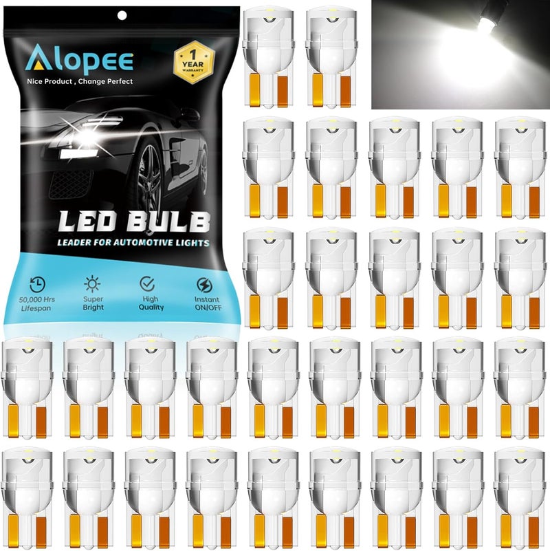 Alopee 30-Pack Mini 194 Led Light Bulb White Acrylic T10 Wedge Led Bulb DC 12V Replacement for 168 193 198 2825 W5W Car Instrument Panel Light License Plate Marker Lighting - Image 1
